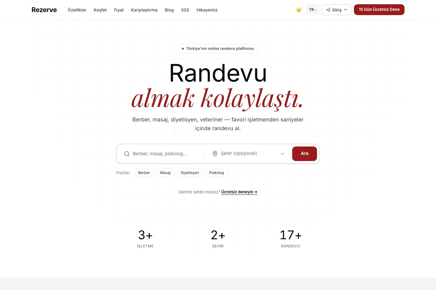 rezerve.online online randevu platformunun gerçek ana sayfası